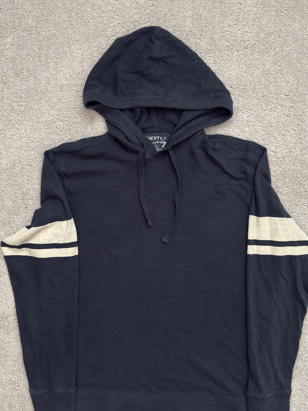 Men’s Faherty Navy Hooded Pullover with Cream Stripe Sleeves